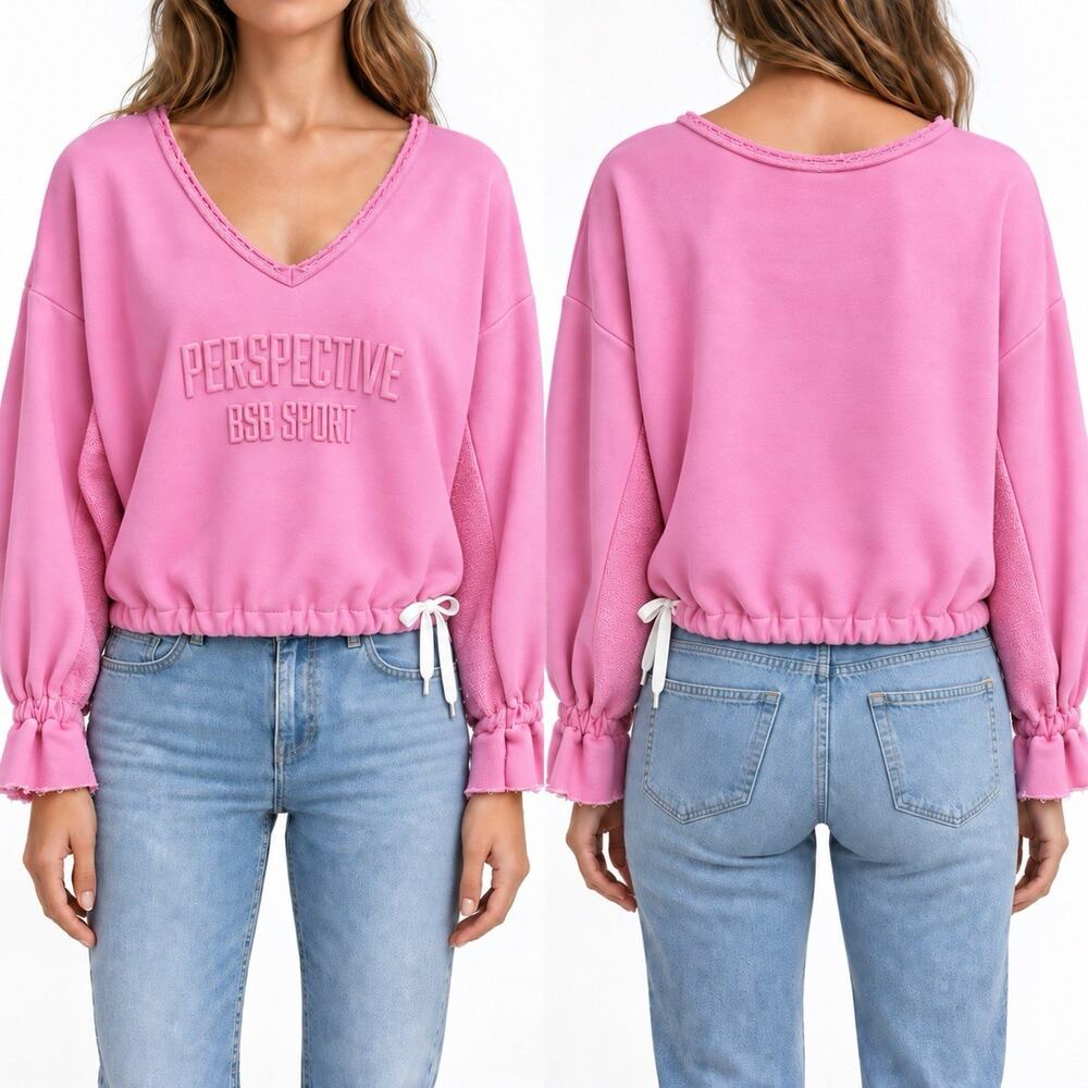 BSB Sport Women XS Pink Oversized Cropped Sweatshirt V-Neck Puff Sleeve Cotton
